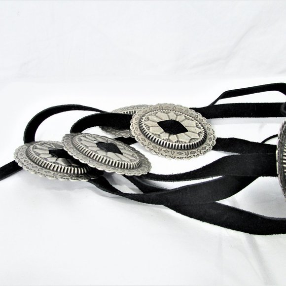 German silver conchos black leather tie belt 54\